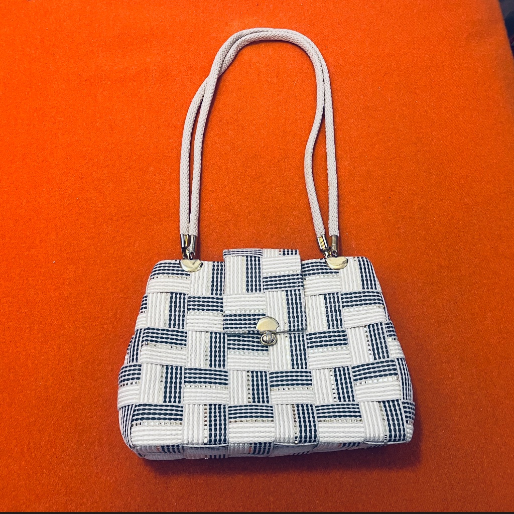 Vintage Navy Blue And White Nautical Check Woven Shoulder Bag Made In Italy Euc